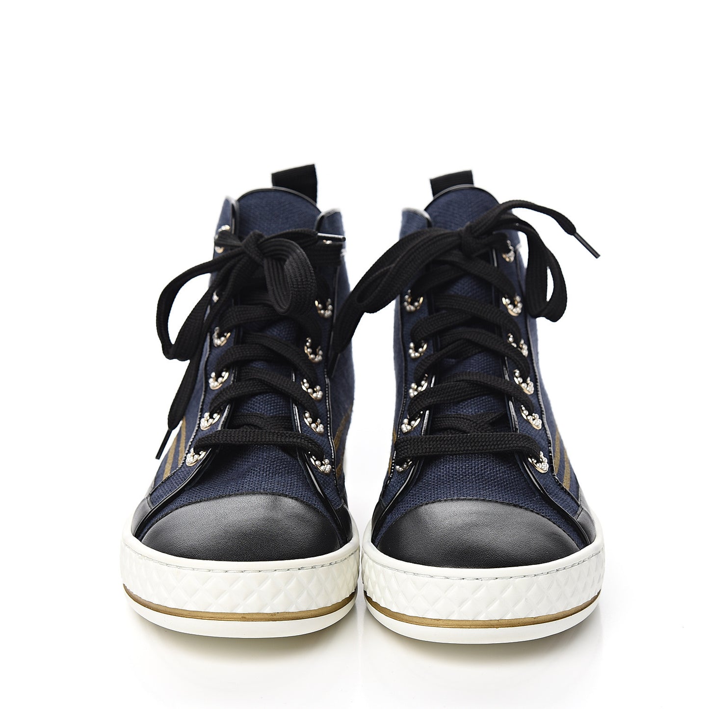 Fabric Lambskin Lace Up Cap Toe Sneakers 36 Navy Black