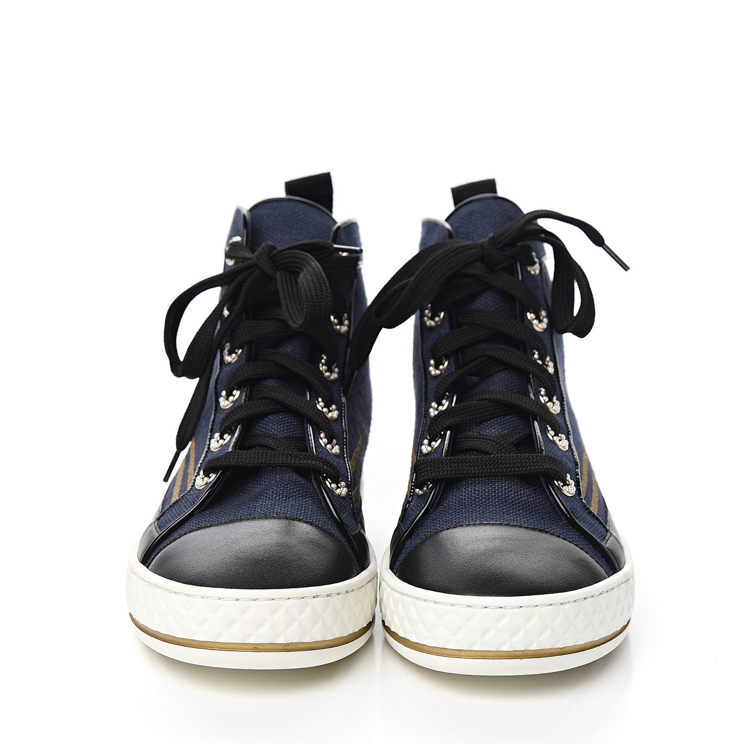Chanel Fabric Lambskin Lace Up Cap Toe Sneakers 36 Navy Black 2 of 9