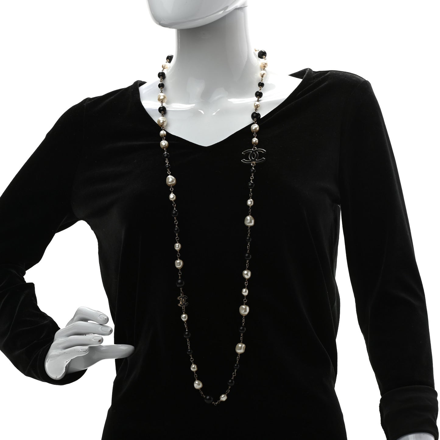 Pearl Bead Enamel CC Long Necklace Black Light Gold