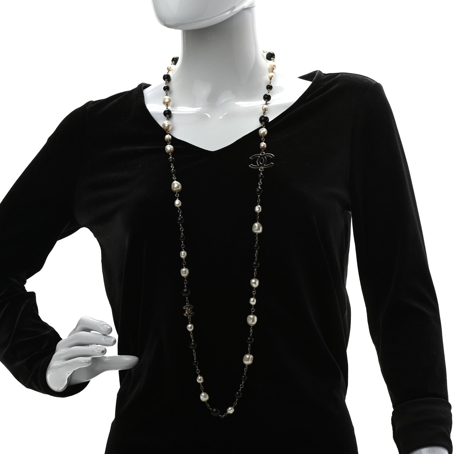 Chanel Pearl Bead Enamel CC Long Necklace Black Light Gold 2 of 5