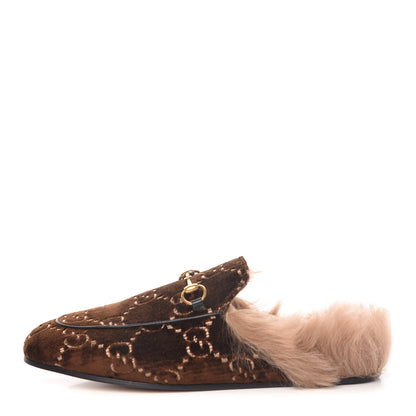 Gucci Velvet GG Monogram Fur Womens Princetown Slippers 39.5 Brown Black Natural 1 of 8
