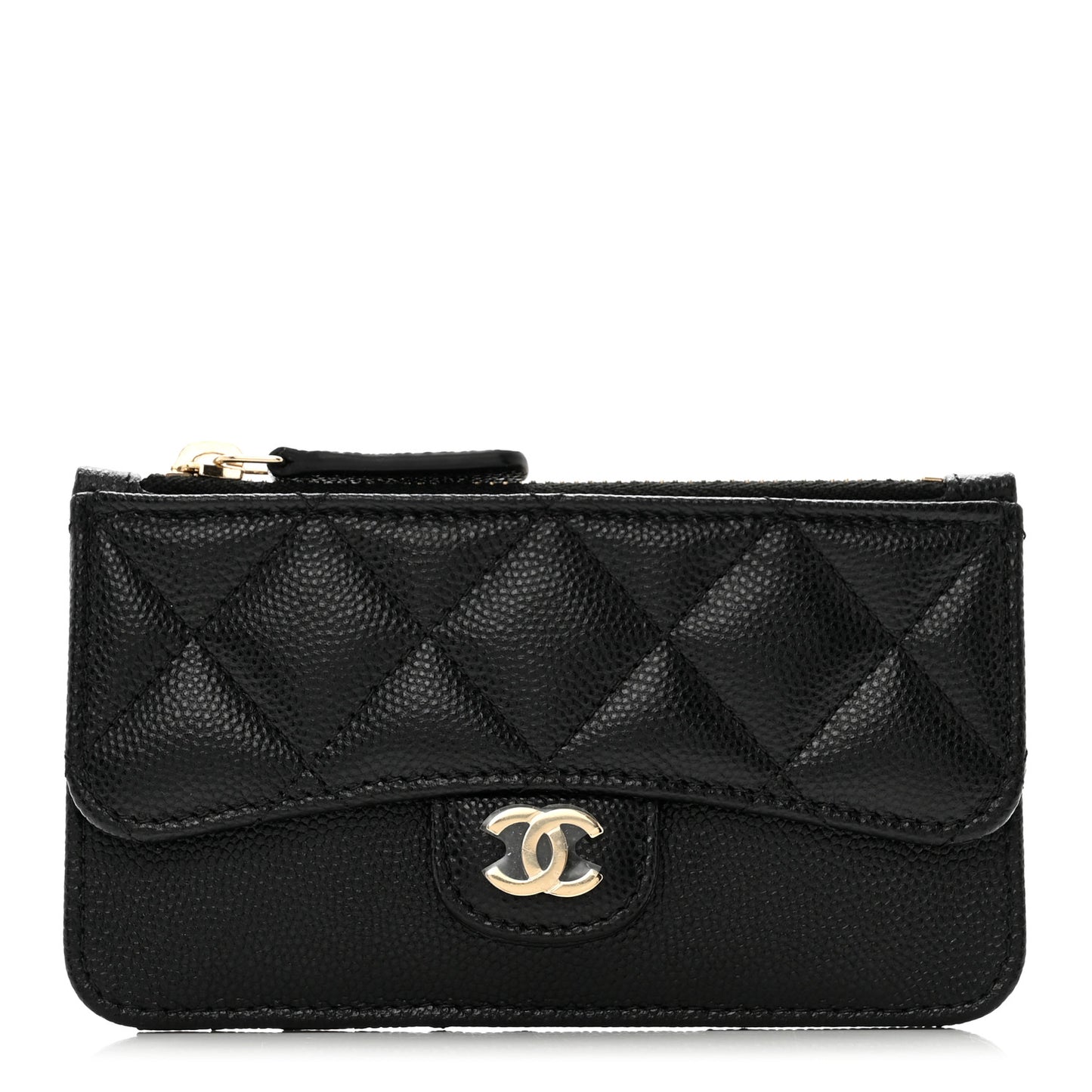 Caviar Quilted Flap Zip Card Holder Black