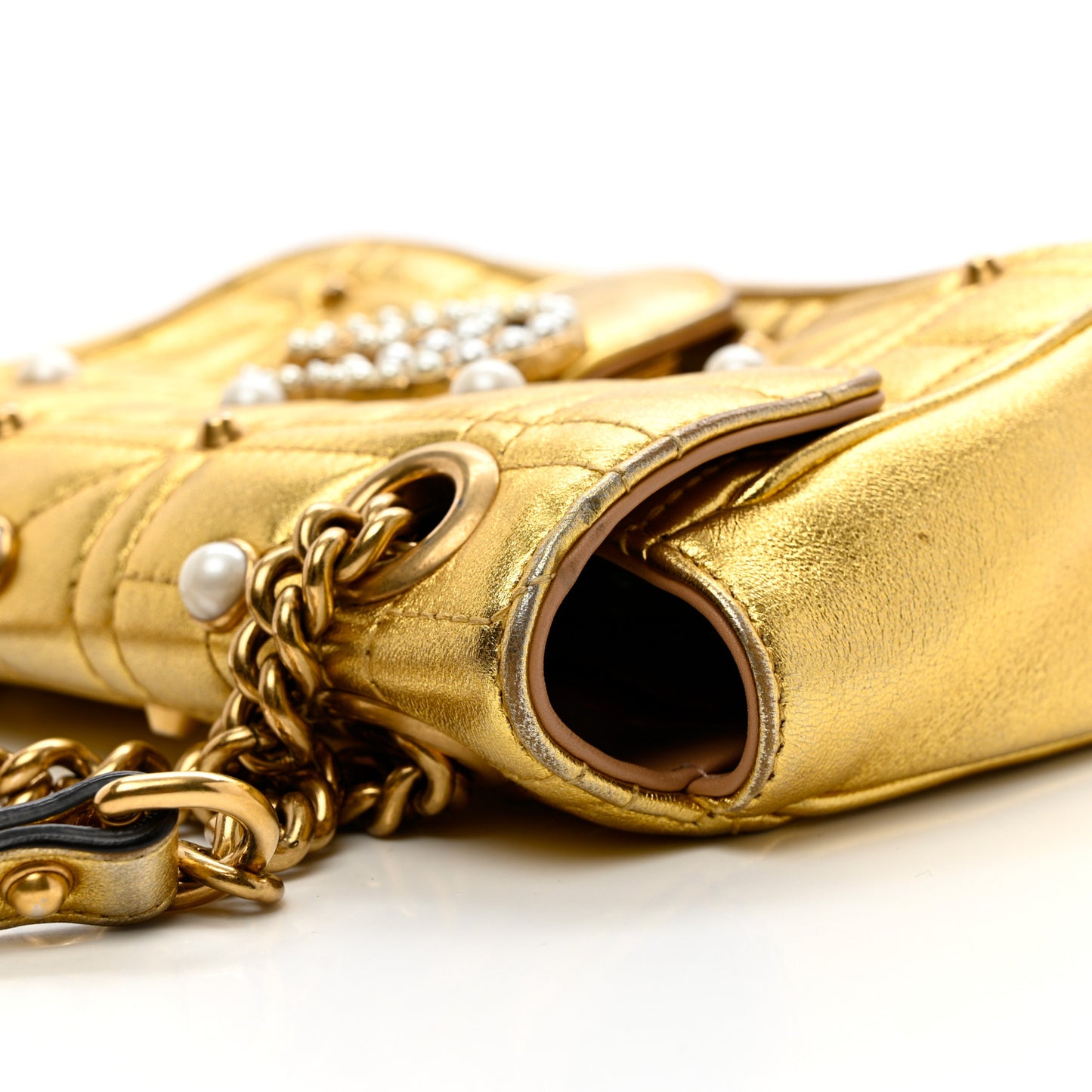 Metallic Calfskin Matelasse Studded Mini Pearly GG Marmont Shoulder Bag Gold