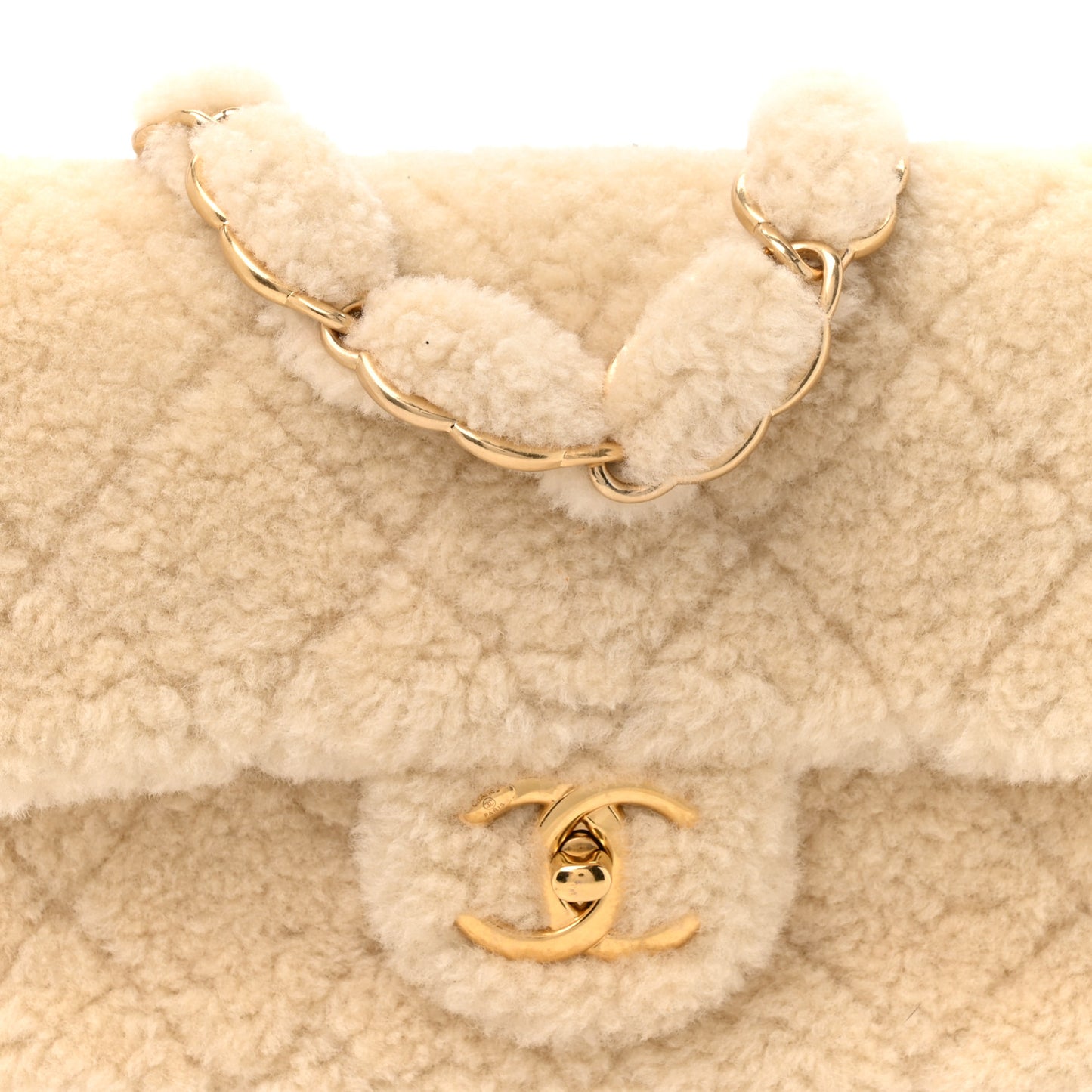 Shearling Lambskin Quilted Small CC Chain Flap Ecru