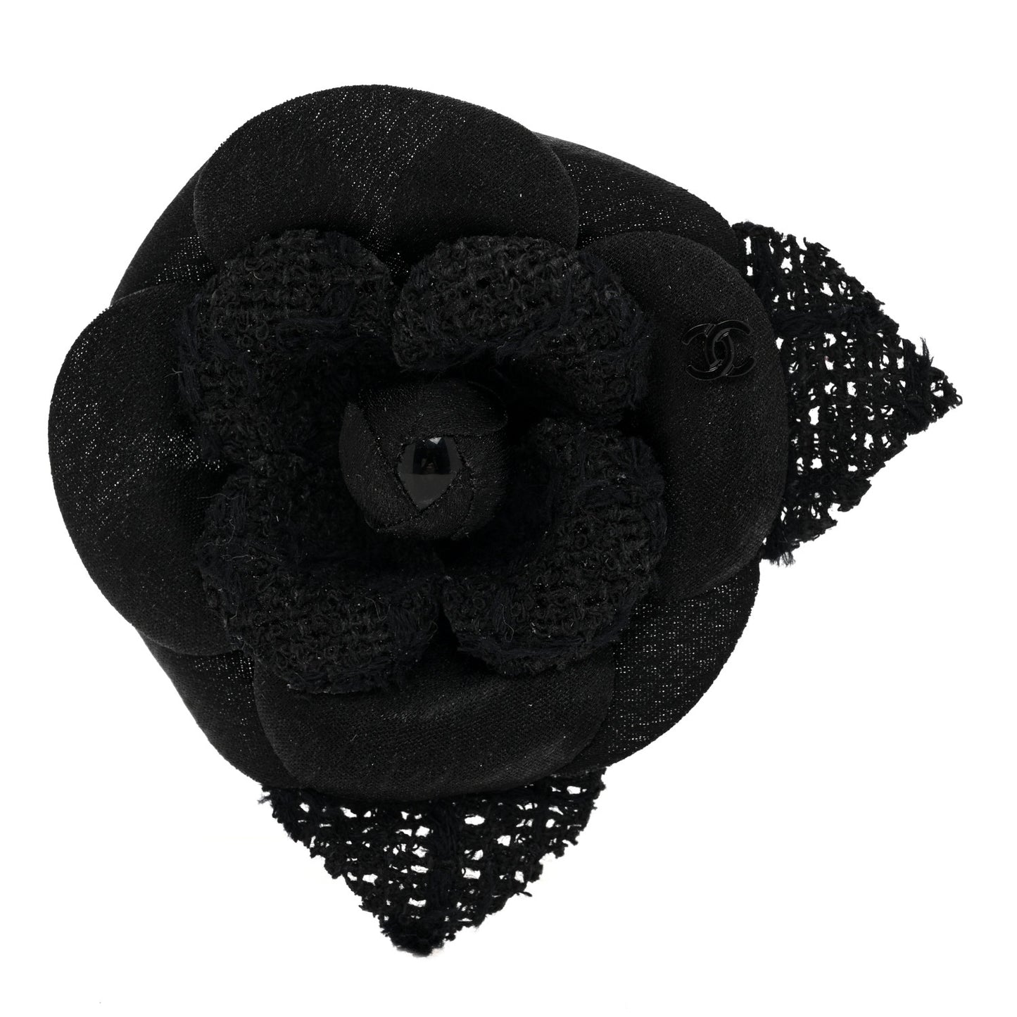Tweed Fabric Camellia Pin Brooch Black