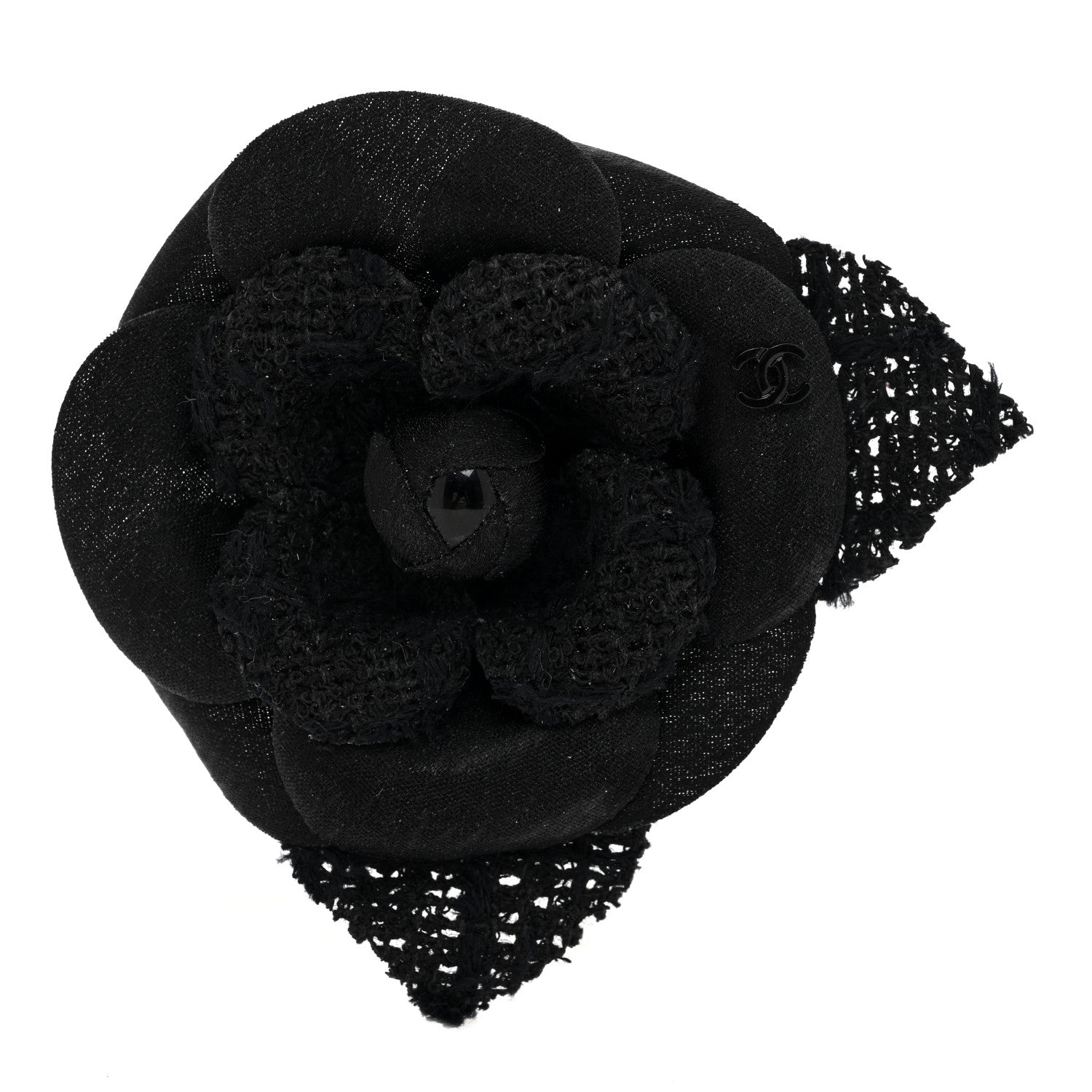 Chanel Tweed Fabric Camellia Pin Brooch Black 1 of 3