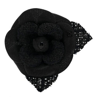 Chanel Tweed Fabric Camellia Pin Brooch Black 1 of 3