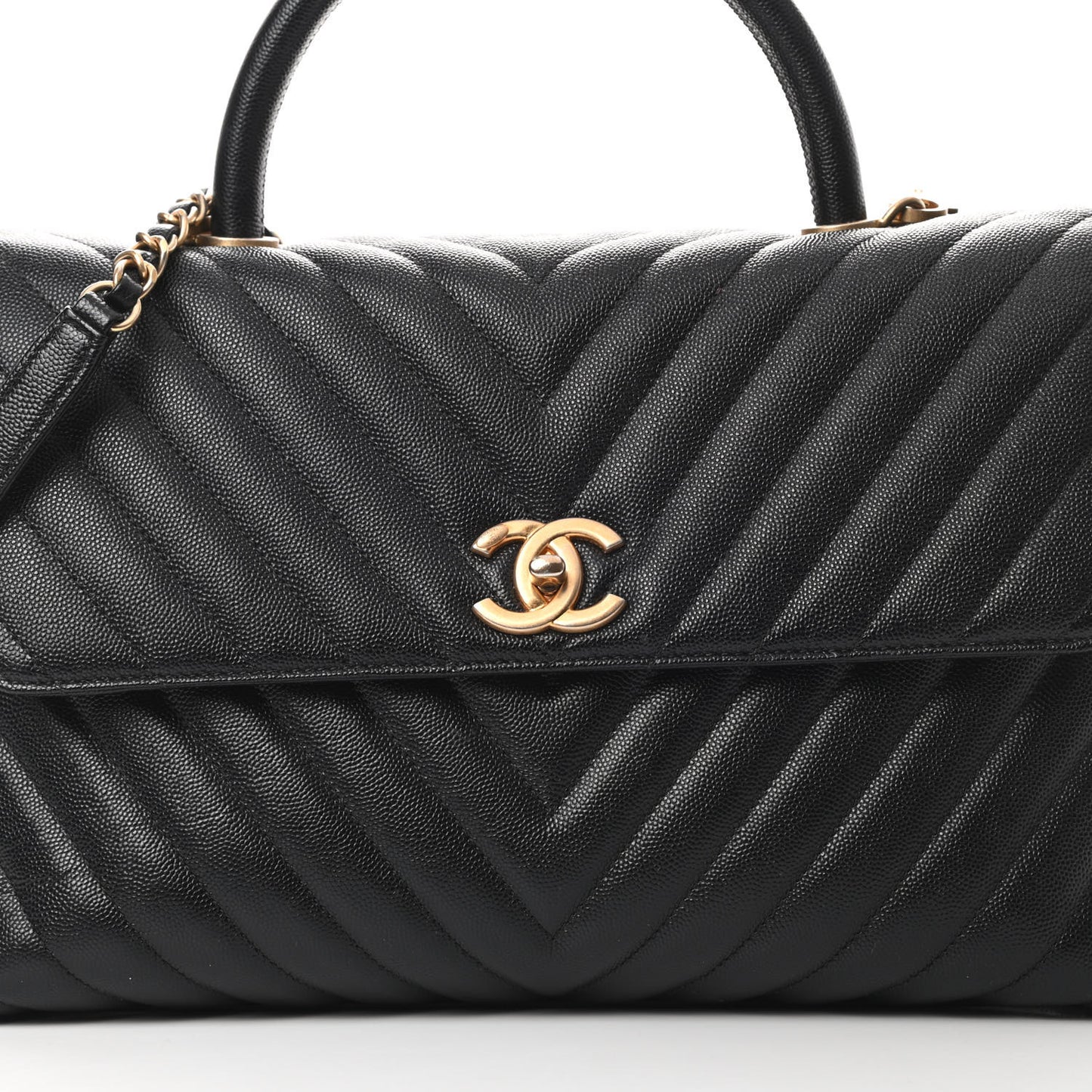 Caviar Chevron Quilted Medium Coco Handle Flap Black