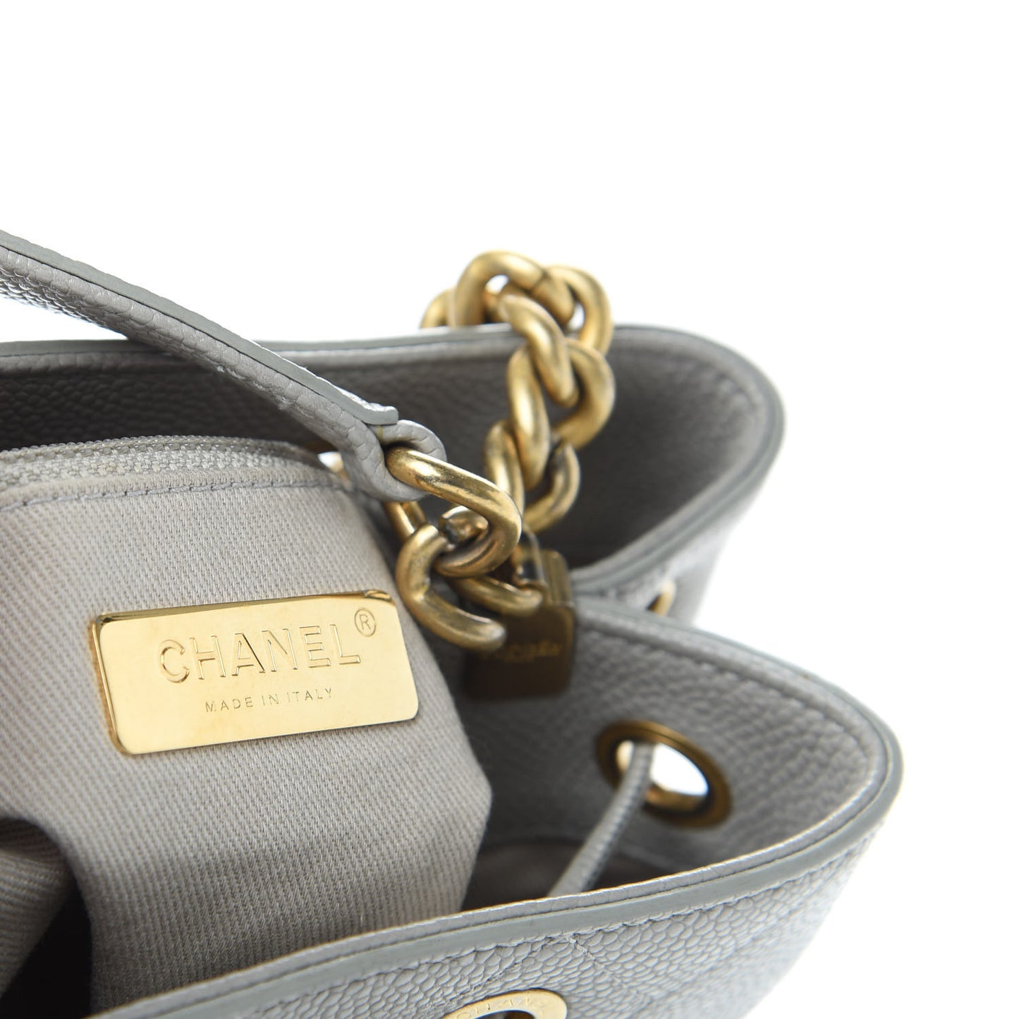 Grained Calfskin Stitched Small Drawstring Bag Grey