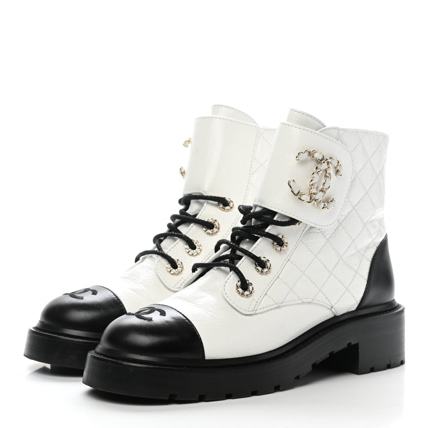 Shiny Goatskin Calfskin Quilted Lace Up Combat Boots 38.5 White Black