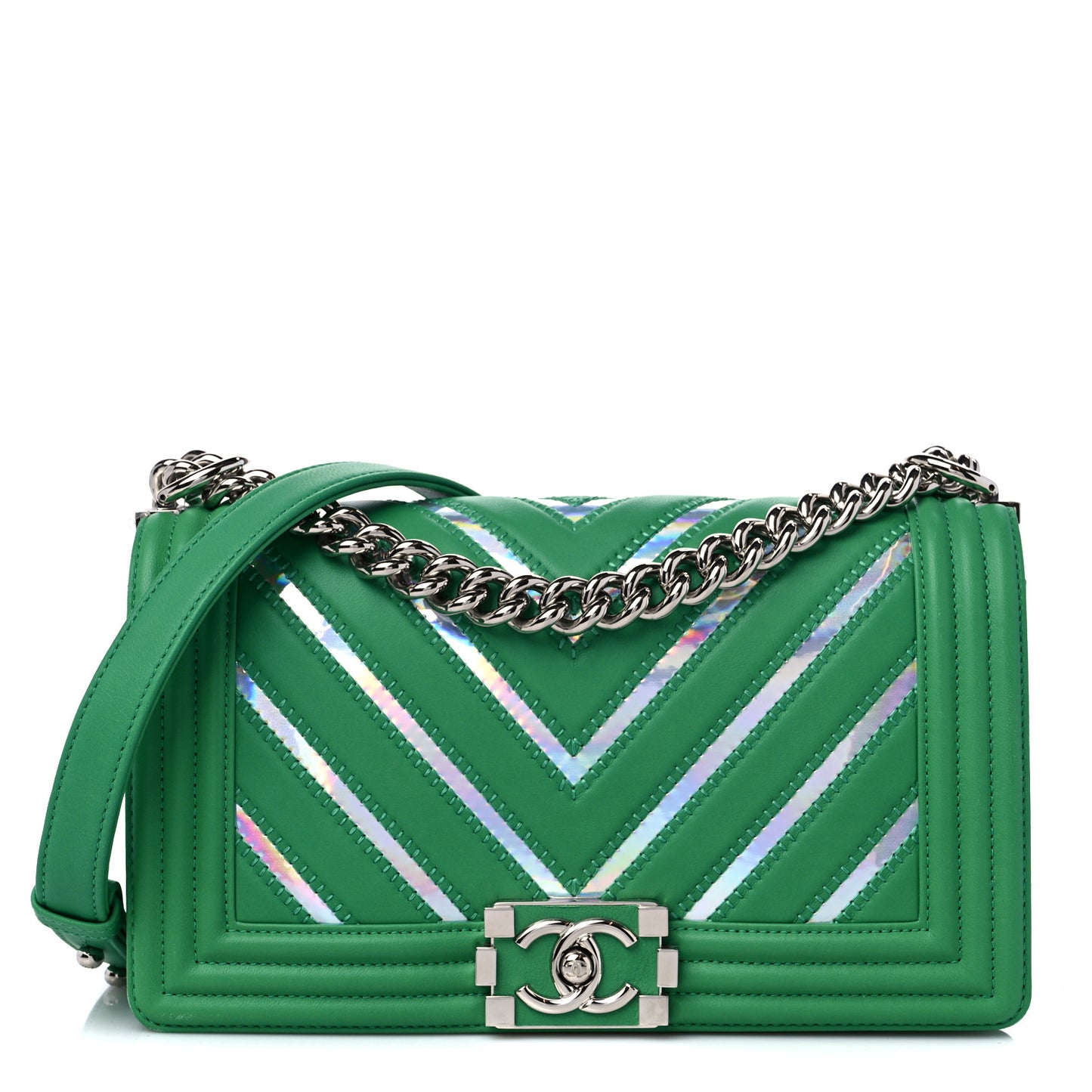 Lambskin Iridescent PVC Chevron Quilted Medium Boy Flap Green Silver
