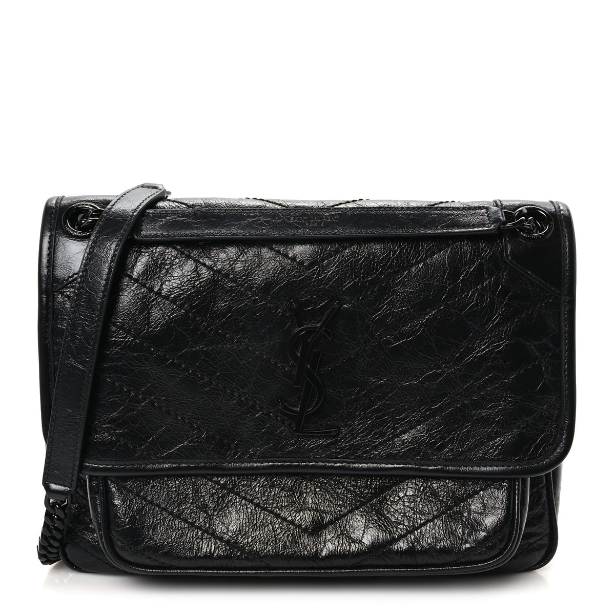 Crinkled Calfskin Matelasse Monogram Medium Niki Chain Satchel Black