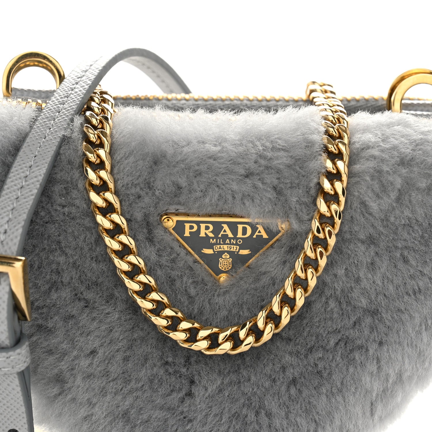 Prada Montone Shearling Saffiano Triangle Mini Pouch Fiordaliso 8 of 10