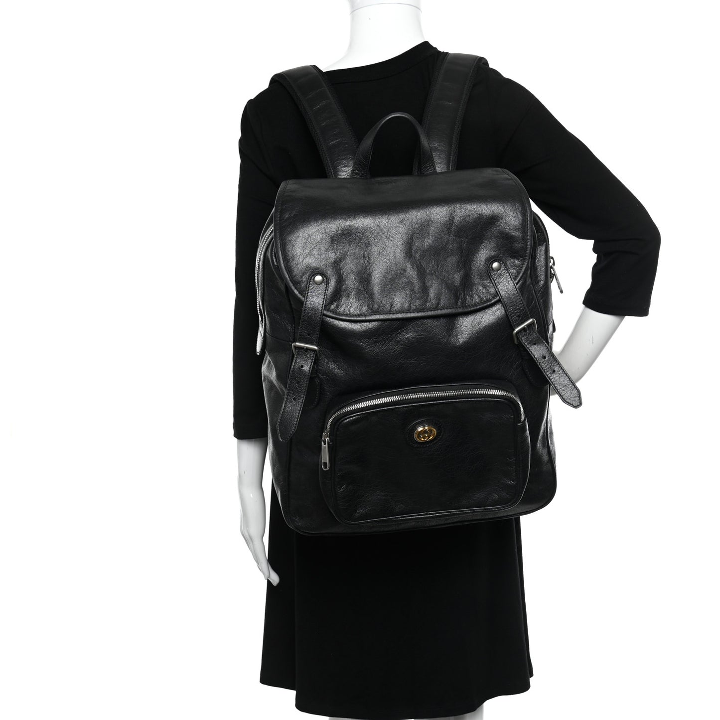 Fluffy Calfskin Mesh Nylon Medium Morpheus Double Buckle Backpack Black