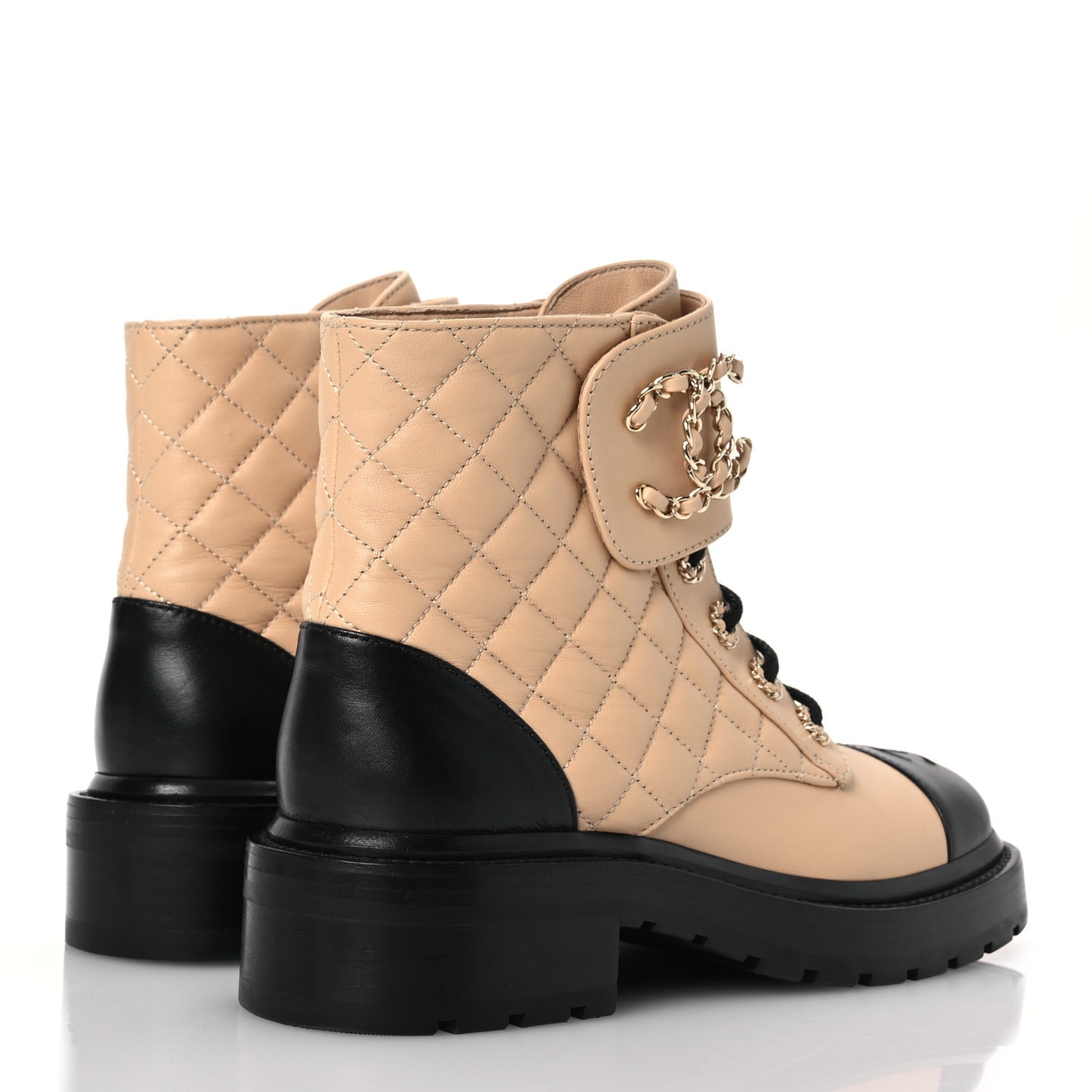 Lambskin Calfskin Quilted Lace Up Combat Boots 37 Beige Black