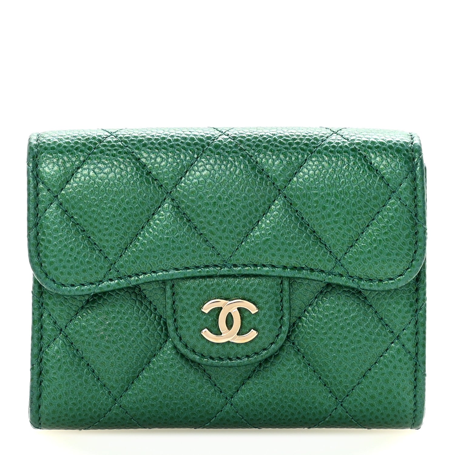 Chanel Metallic Caviar Quilted Flap Card Holder Wallet Green 1 of 8