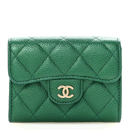 Chanel Metallic Caviar Quilted Flap Card Holder Wallet Green 1 of 8