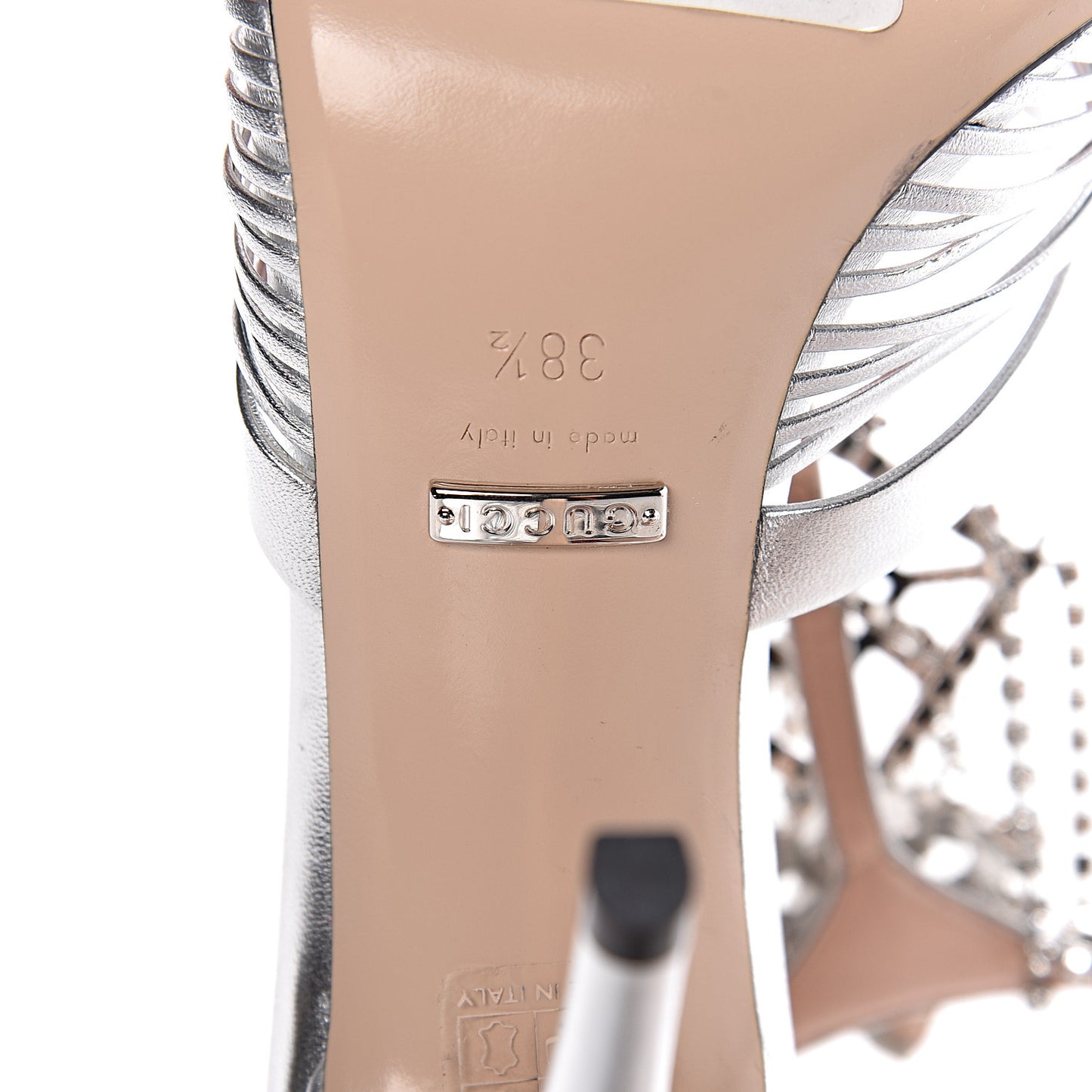 Metallic Nappa Crystal Crawford Strap High Heel Sandals 38.5 Silver
