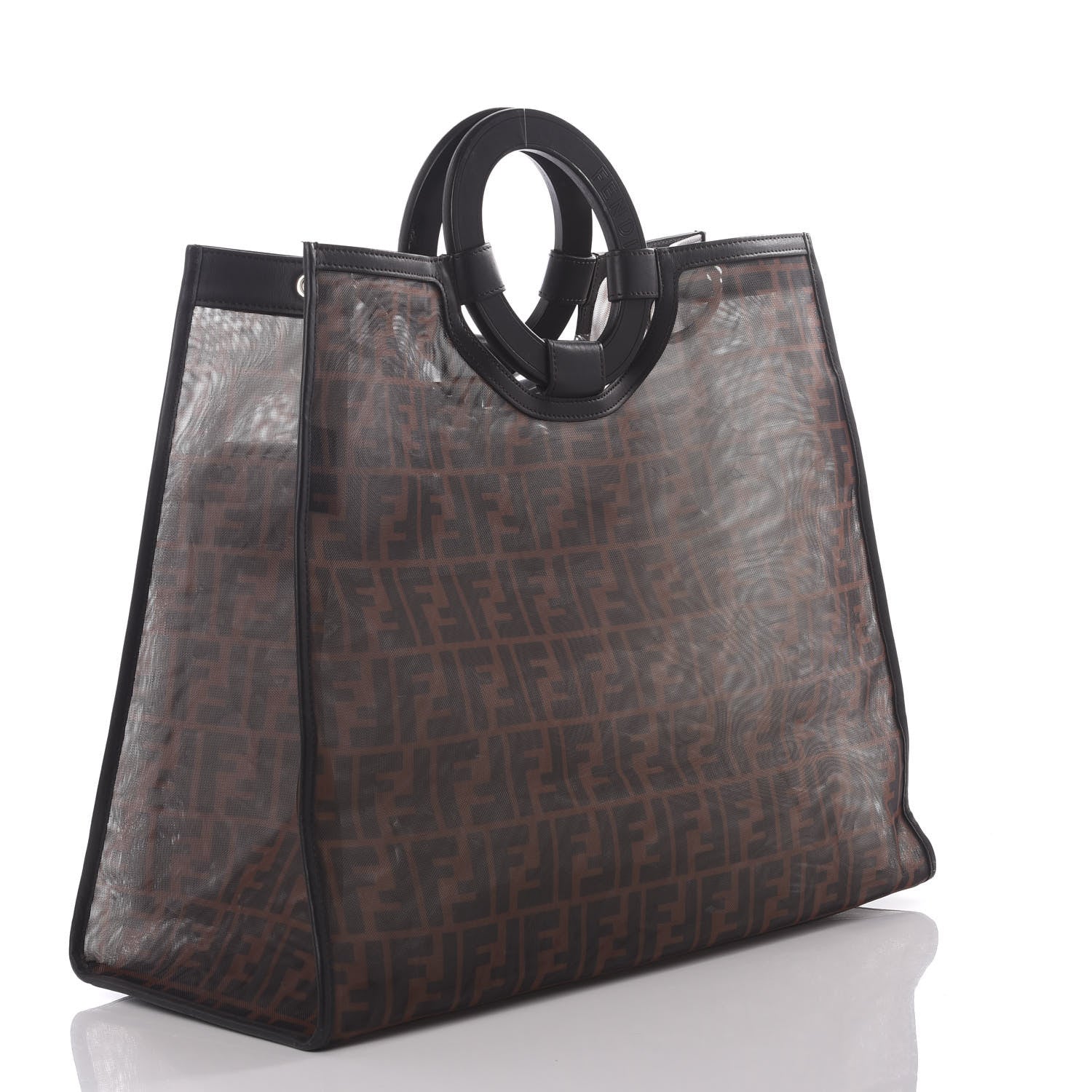 Fendi Mesh Vitello Century Cuoio FF 1974 Large Runaway Shopper Tote Marrone Black Ebano 2 of 12