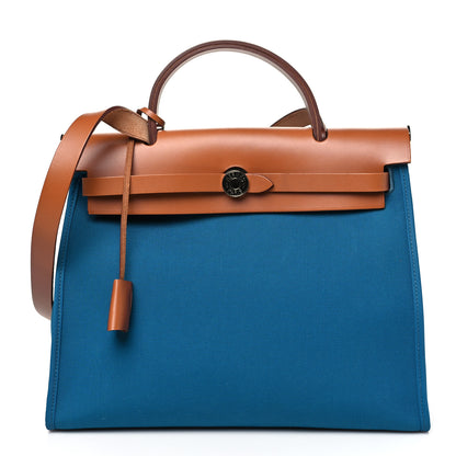 Hermes Toile Officier Vache Hunter Herbag Zip PM 31 Bleu Izmir Fauve 1 of 10