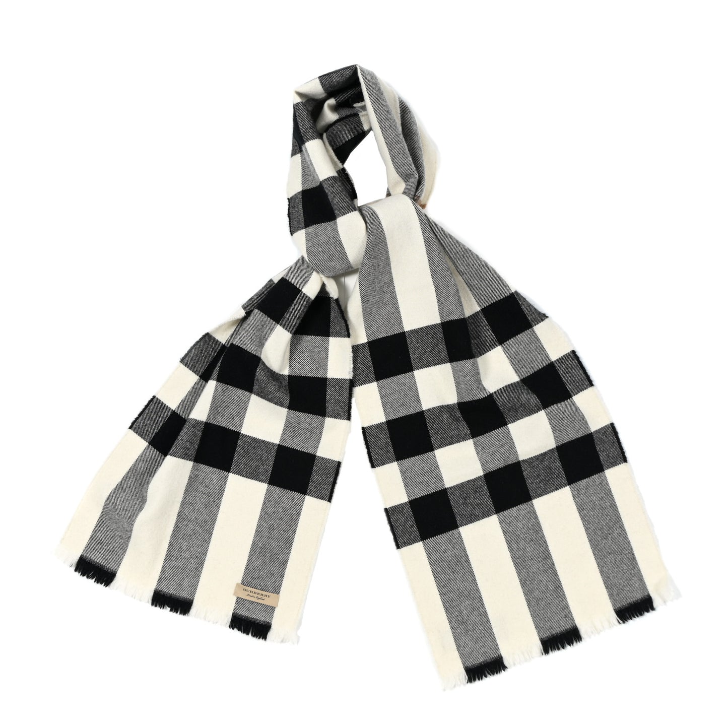 Cashmere Wool Mega Check Fringe Scarf Ivory Black