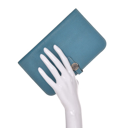 Hermes Taurillon Clemence Dogon Duo Wallet Blue Jean 2 of 9