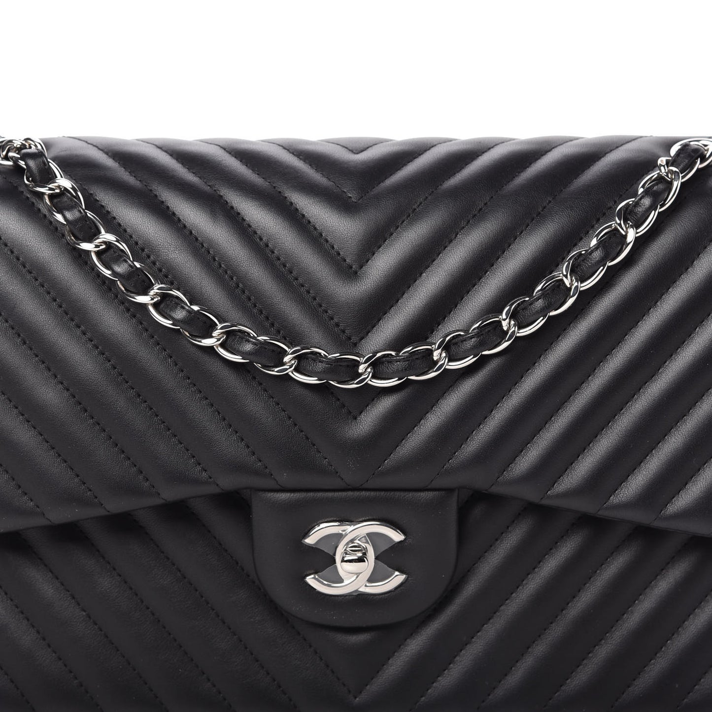 Lambskin Chevron Quilted Jumbo Double Flap Black