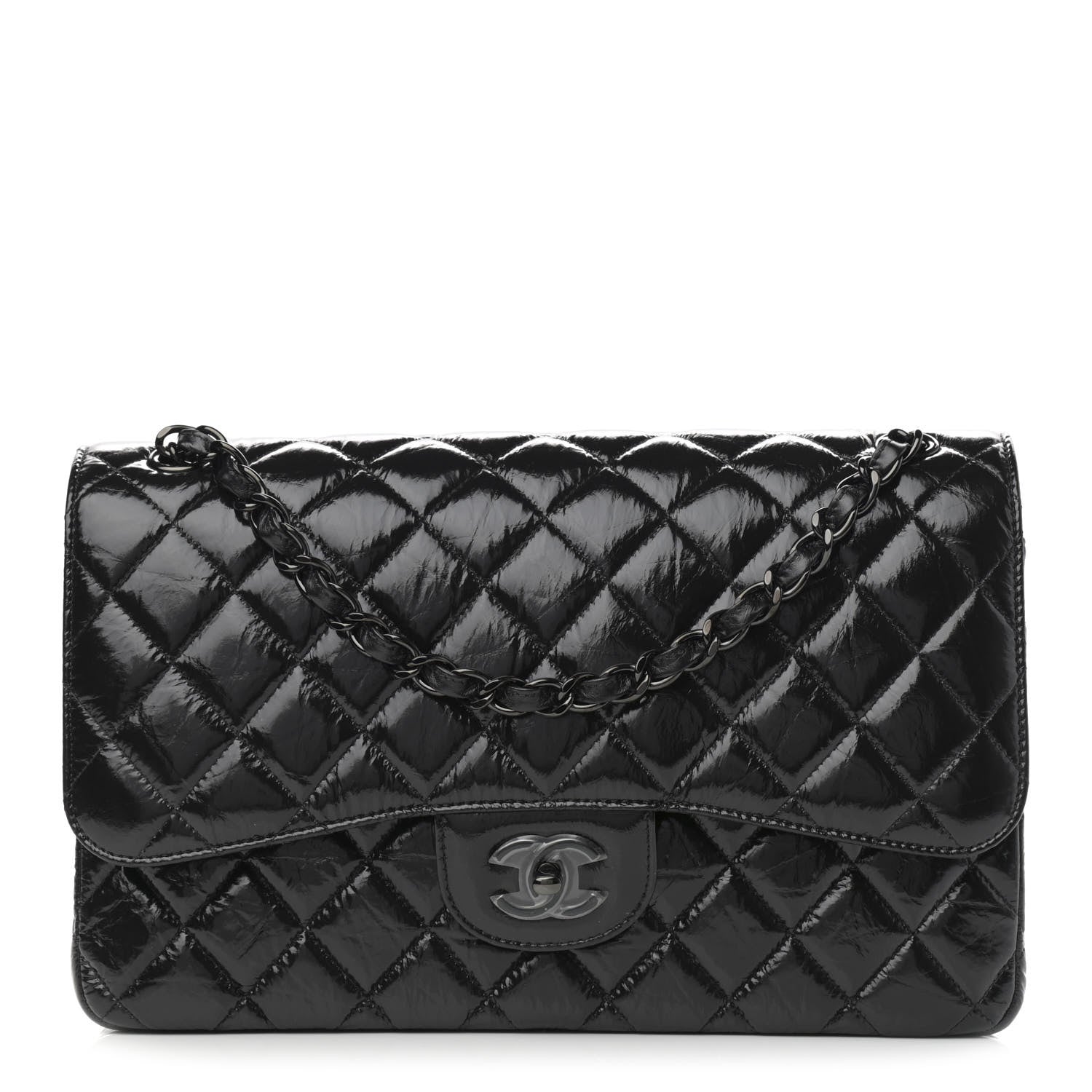 Chanel Shiny Distressed Calfskin Quilted Jumbo Double Flap So Black 1 of 11