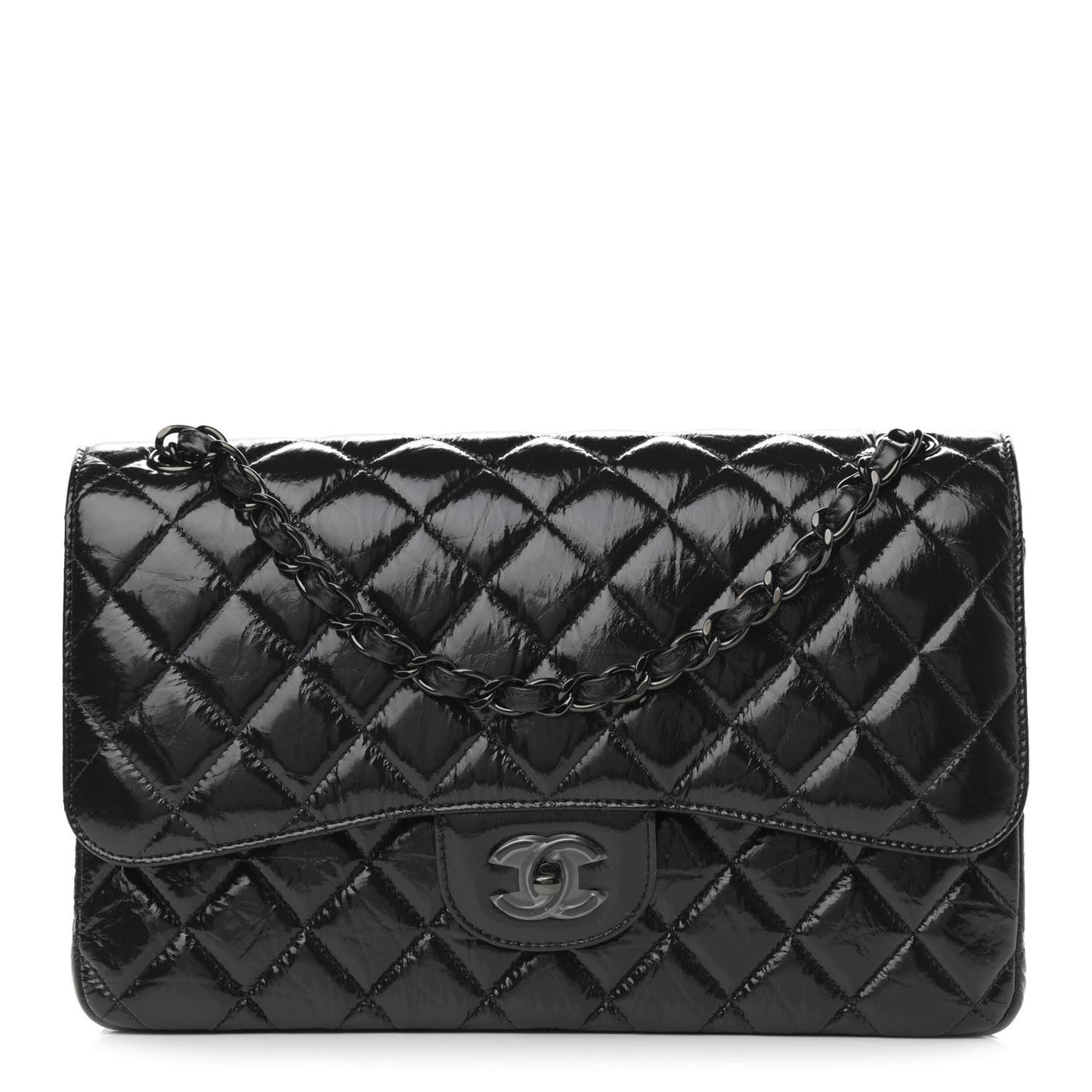 Shiny Distressed Calfskin Quilted Jumbo Double Flap So Black