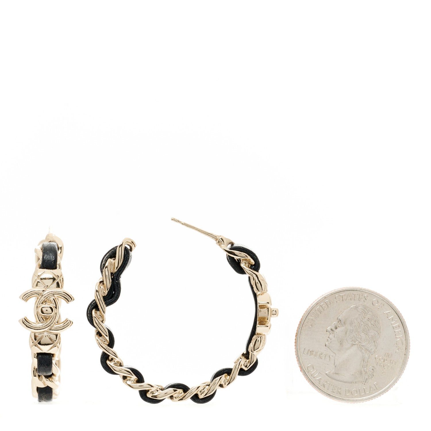 Chanel Metal Lambskin Quilted CC Turnlock Chain Hoop Earrings Gold Black 2 of 4