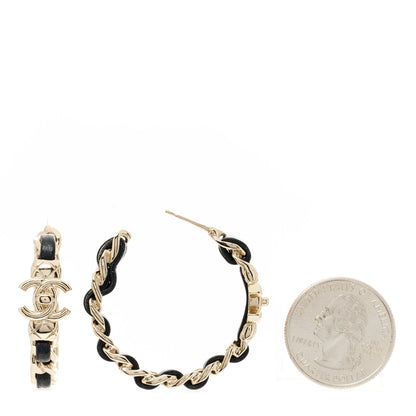 Chanel Metal Lambskin Quilted CC Turnlock Chain Hoop Earrings Gold Black 2 of 4