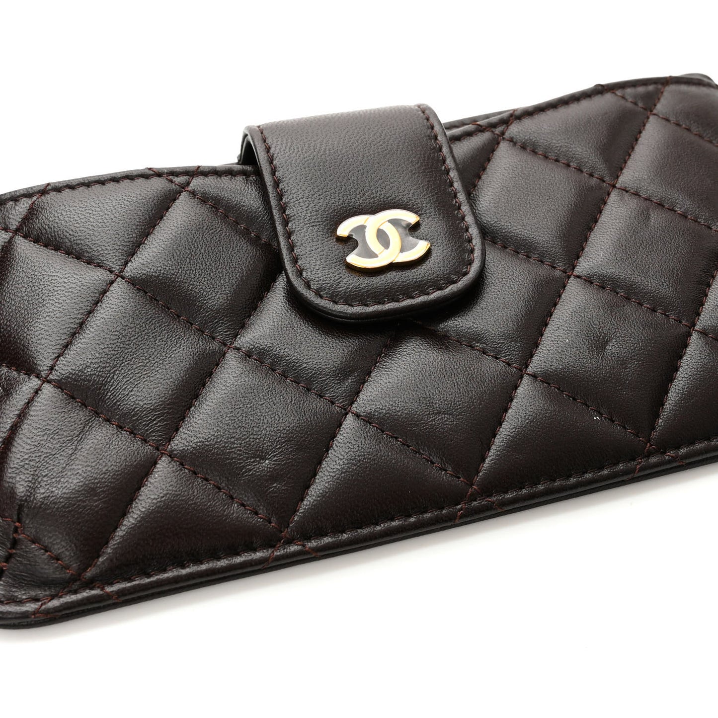 Lambskin Quilted Phone Holder Wallet on Removable Chain Brown