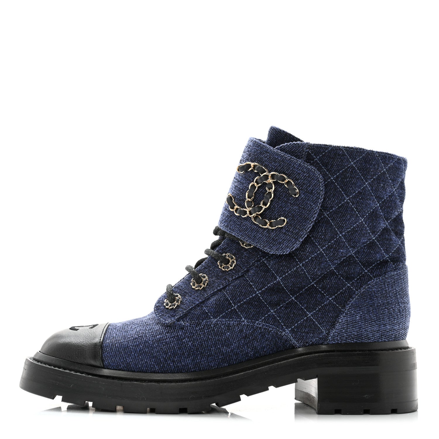 Chanel Denim Calfskin Quilted Lace Up Combat Boots 39.5 Blue 1 of 10