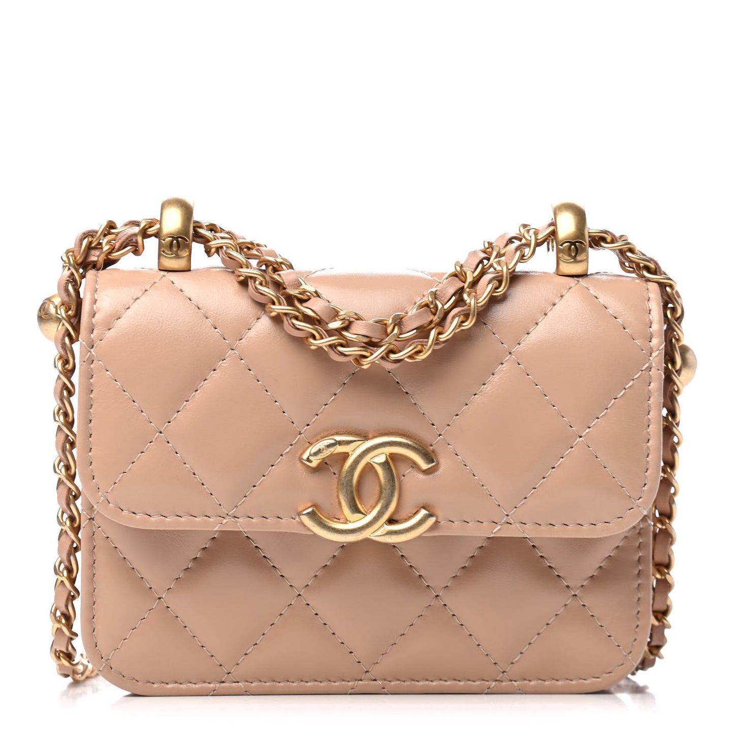 Calfskin Quilted Perfect Fit Coin Purse With Chain Beige