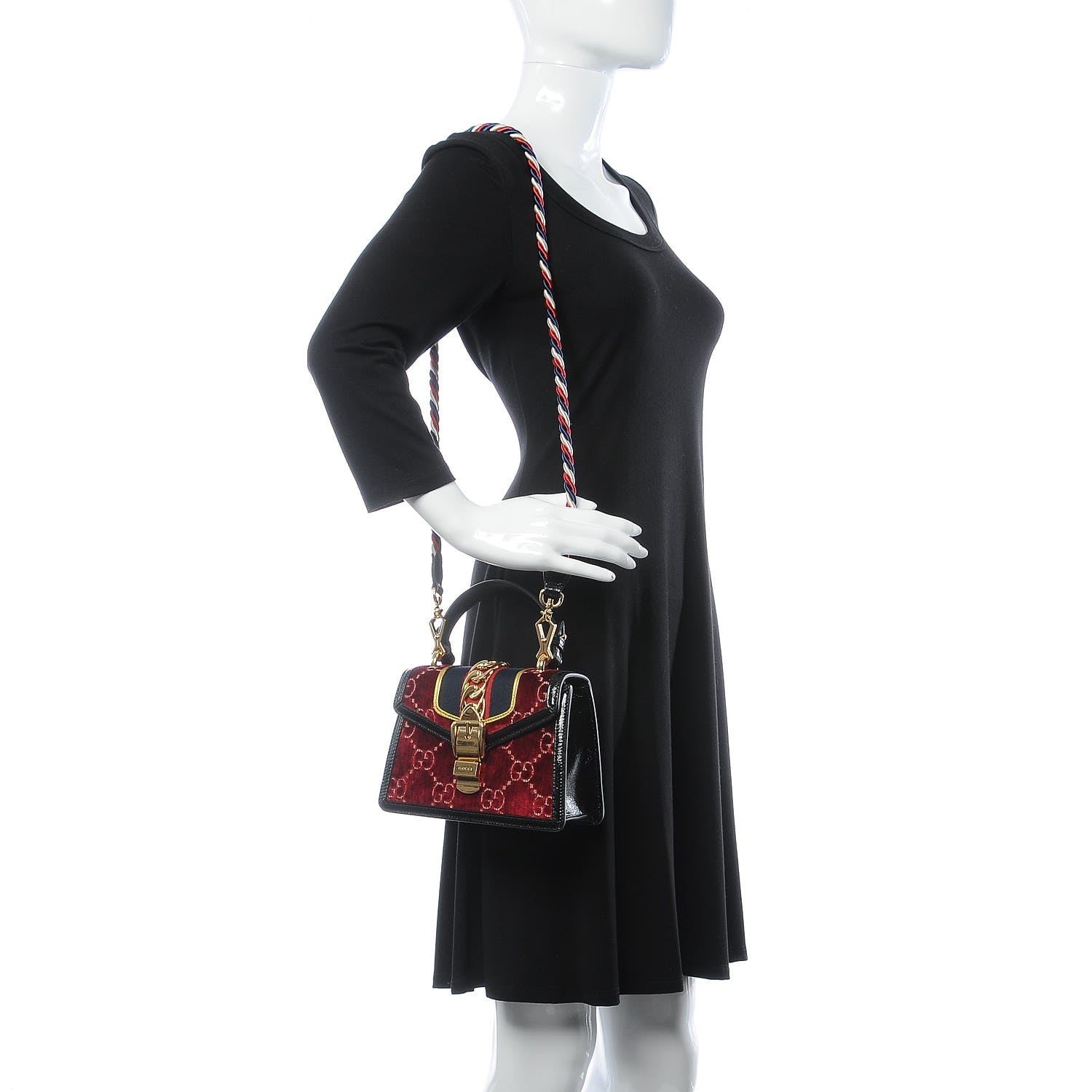 Gucci Velvet GG Monogram Mini Sylvie Top Handle Bag Red Cipria Black 2 of 10