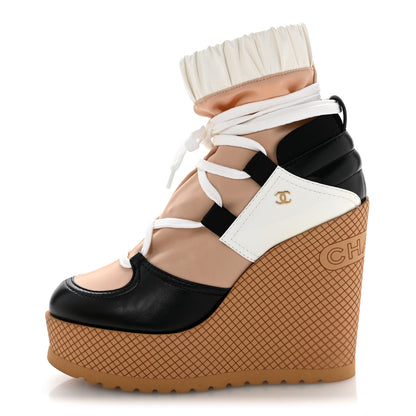 Chanel Fabric Lambskin Calfskin Runway Wedge Short Platform Boots 35.5 Black White Beige 1 of 10