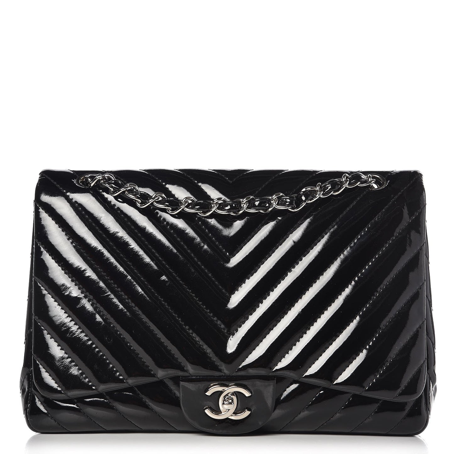 Patent Chevron Quilted Jumbo Single Flap Black