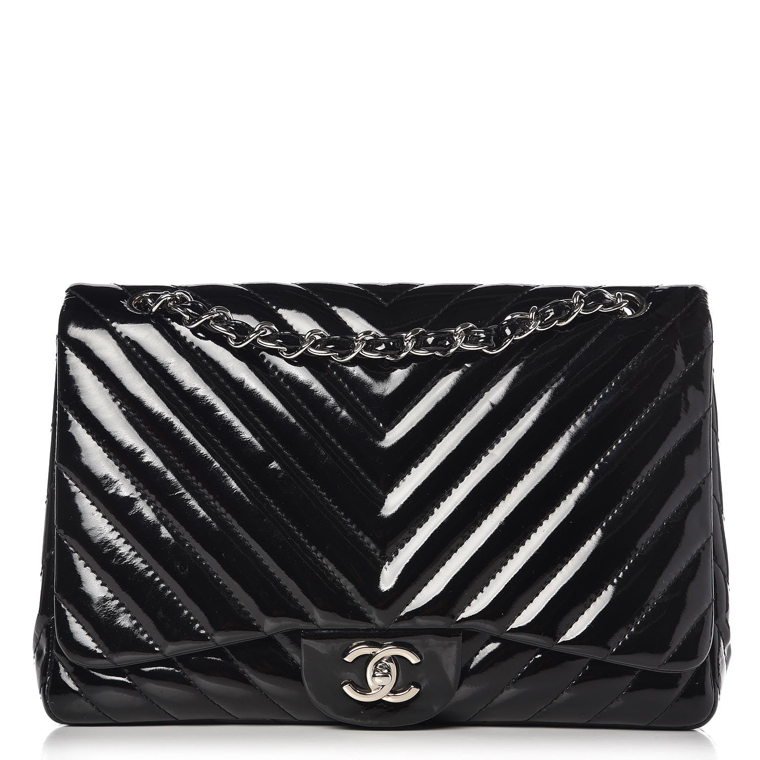 Chanel Patent Chevron Quilted Jumbo Single Flap Black 1 of 12