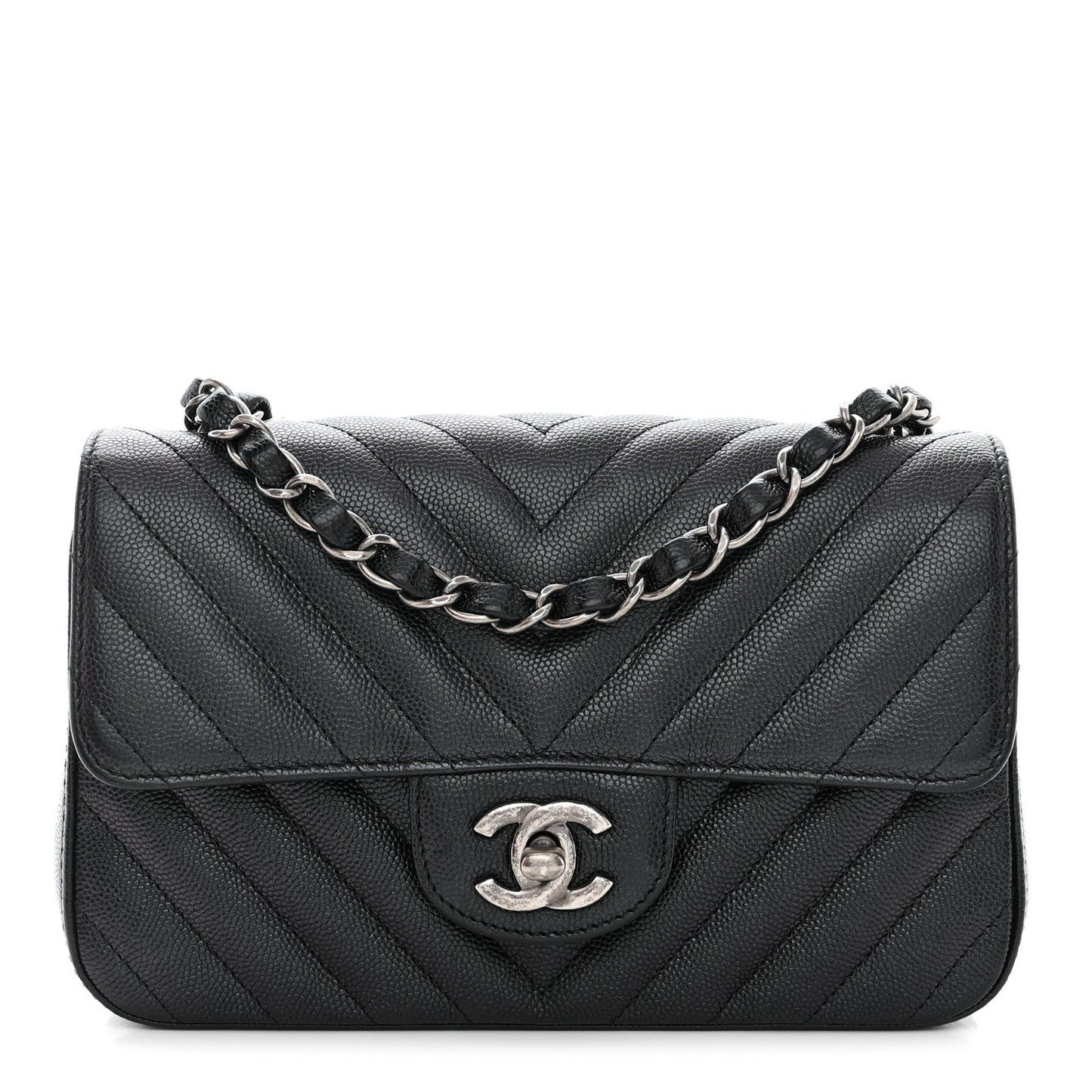 Metallic Caviar Chevron Quilted Mini Rectangular Flap Black
