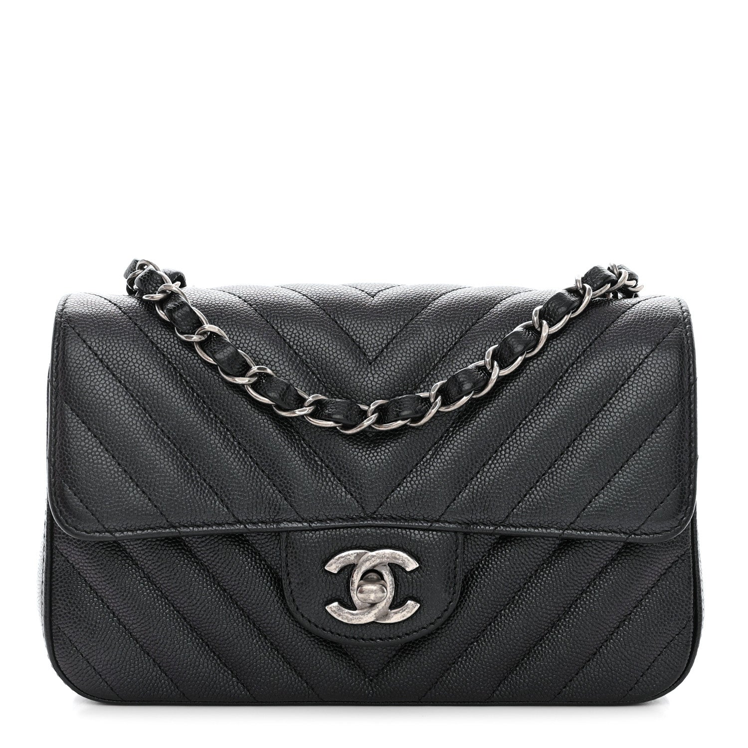 Chanel Metallic Caviar Chevron Quilted Mini Rectangular Flap Black 1 of 10