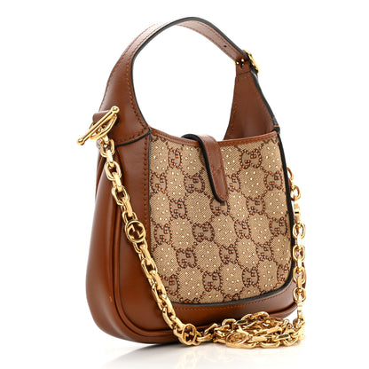 Gucci New Canvas Charisma Calfskin Crystal GG Monogram Mini Jackie 1961 Hobo Camel Ebony 3 of 11