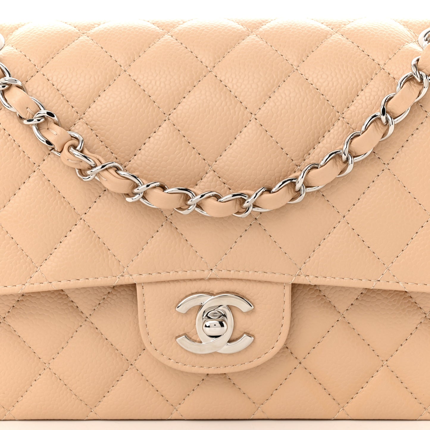 Caviar Quilted Medium Double Flap Beige