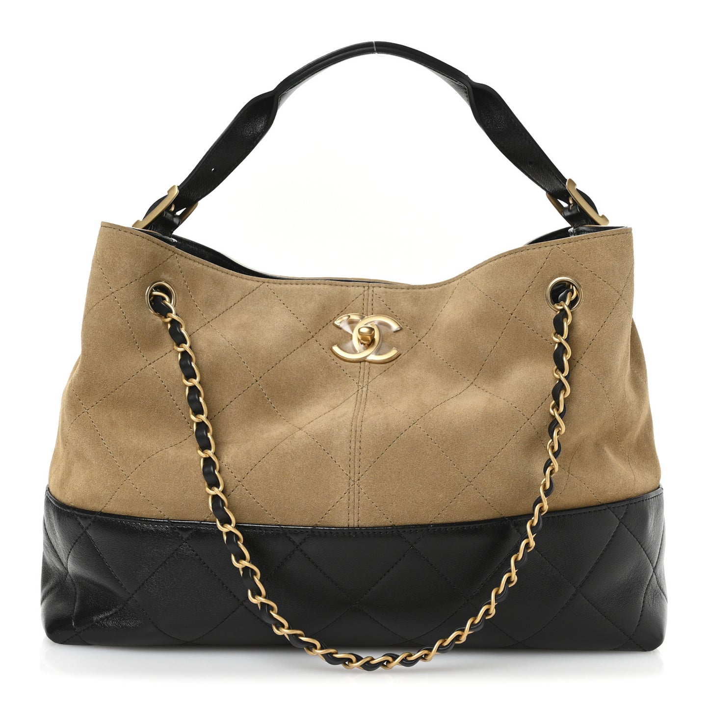 Suede Calfskin Shiny Lambskin Quilted Small Coco Base Shopping Bag Beige Black