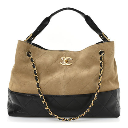 Chanel Suede Calfskin Shiny Lambskin Quilted Small Coco Base Shopping Bag Beige Black 1 of 11