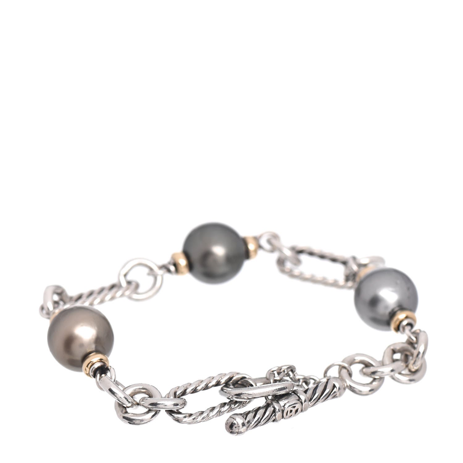 David Yurman Sterling Silver 18K Yellow Gold Tahitian Pearl 10mm Figaro Bracelet 3 of 6
