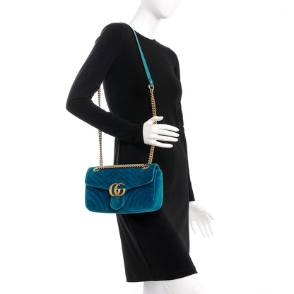 Gucci Velvet Matelasse Small GG Marmont Shoulder Bag Pavone Cyan 2 of 7