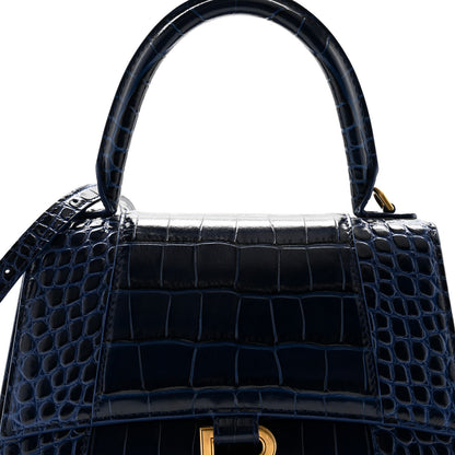 Balenciaga Shiny Calfskin Crocodile Embossed Small Hourglass Top Handle Bag Navy 7 of 11