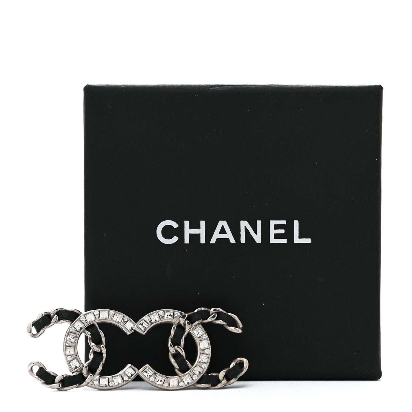 Crystal Baguette Lambskin Large CC Earrings Silver Black