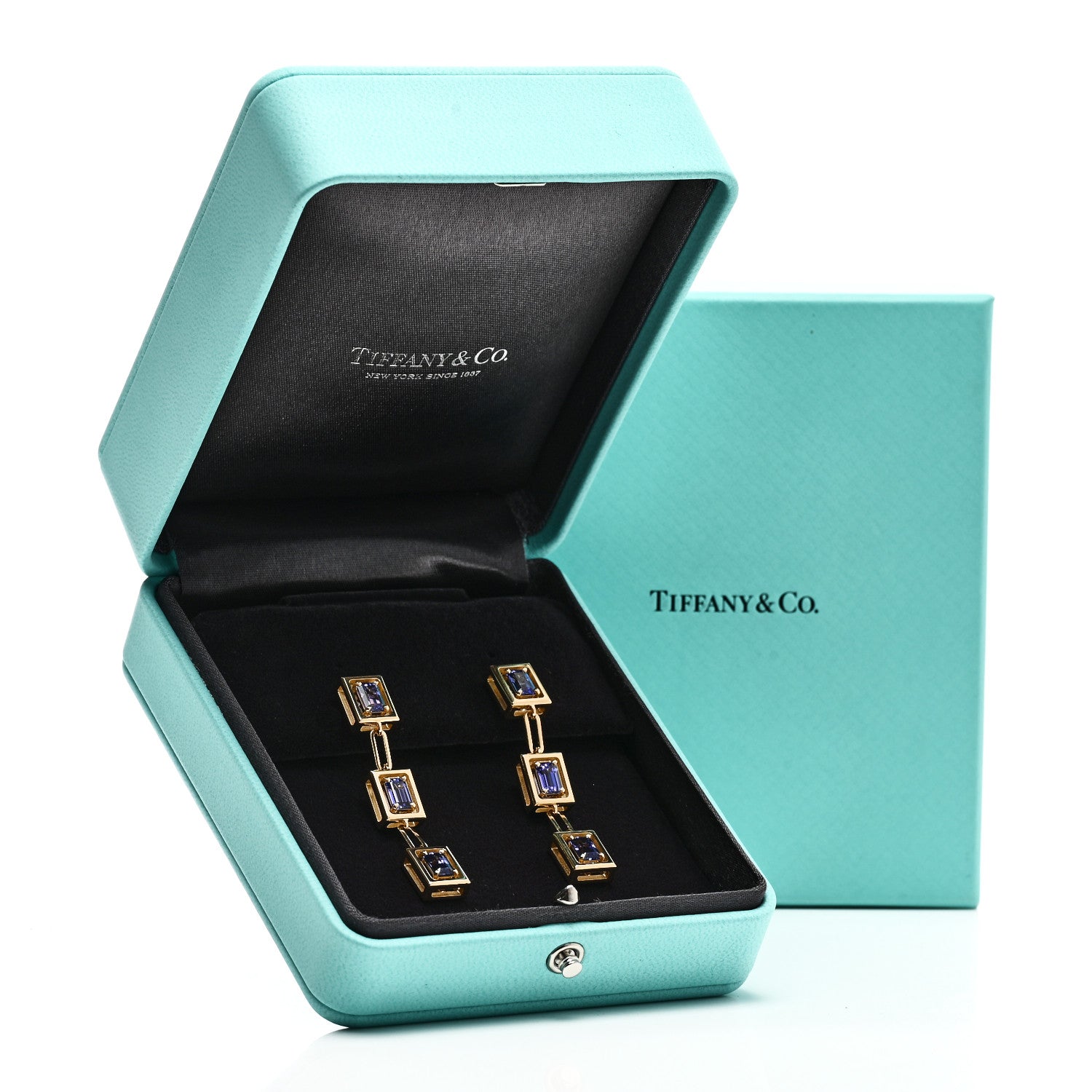Tiffany 18K Yellow Gold Tanzanite Jewel Box Drop Earrings 5 of 5