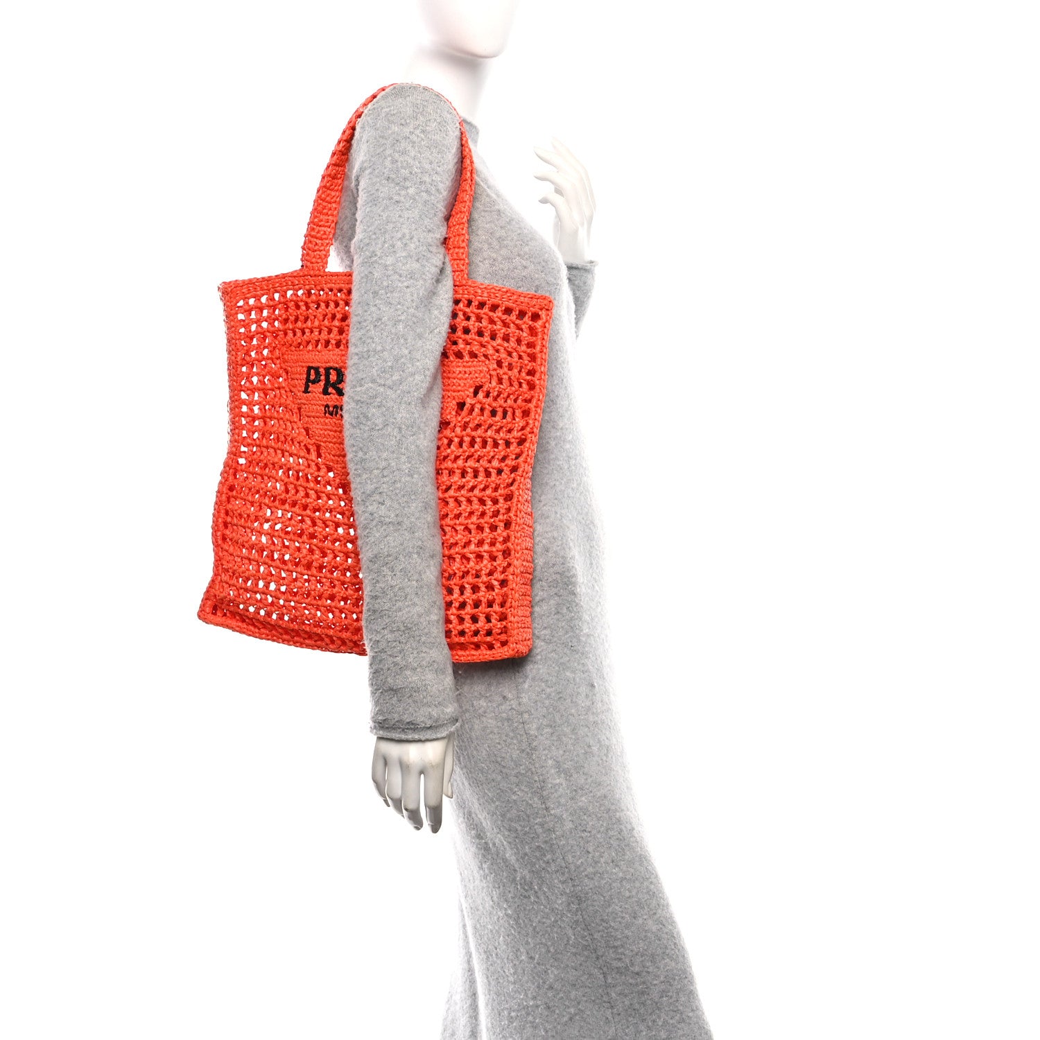 Prada Yarn Raffia Effect Crochet Logo Embroidered Tote Bag Arancio 3 of 9